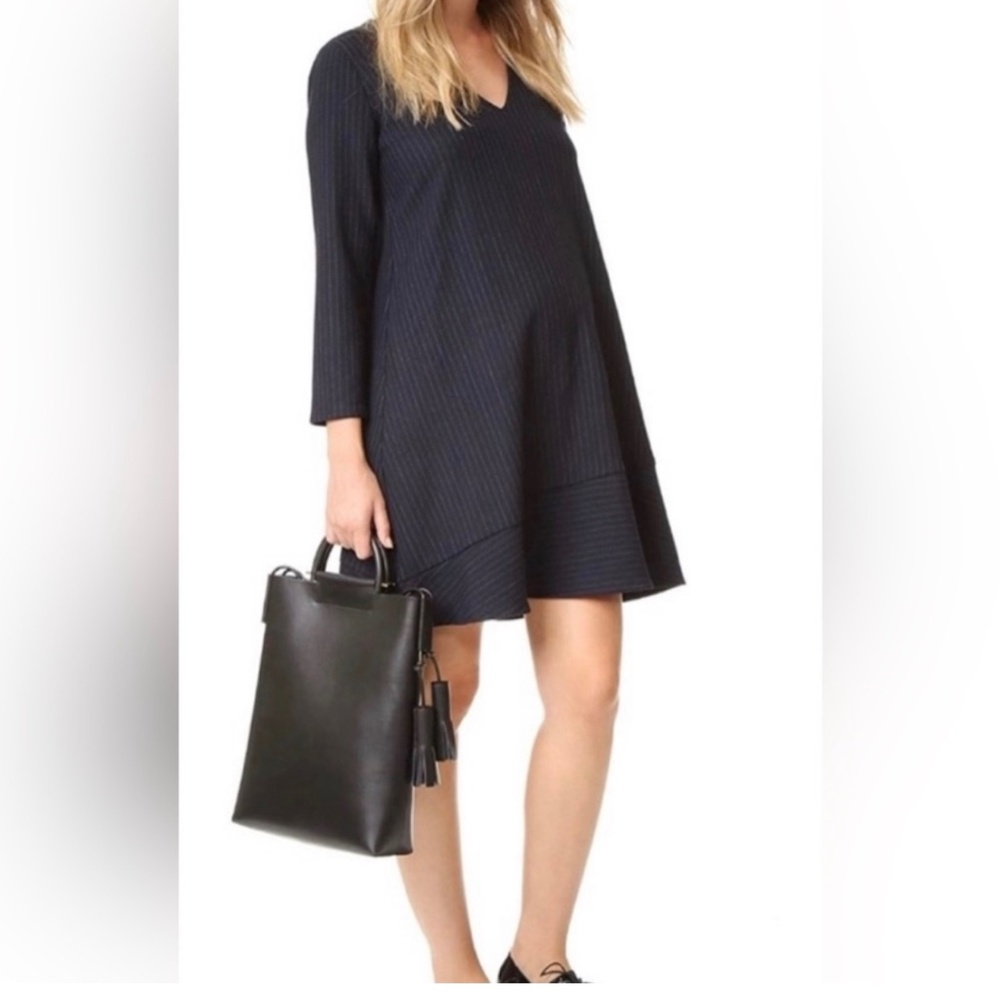 Hatch Day to Night 3/4 Sleeve Mini Gray Pinstripe Navy Blue Shift Dress 0 XS